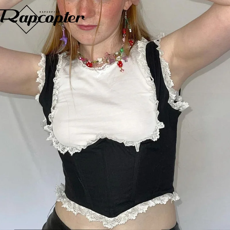 Rapcopter y2k Lace Frill Corset Top Backless Tie Up Tank Top Women Vintage Skinny Cute Sweats Breasted Vest Party Cummerbunds