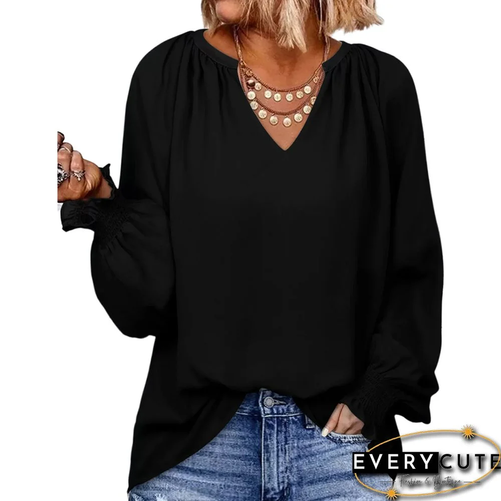 Black Pleated Cuffs V Neck Long Sleeve Top