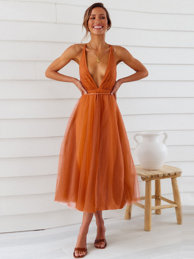 Women's New  Summer Sexy Mesh Skirt V-neck Elegant Dress Dress