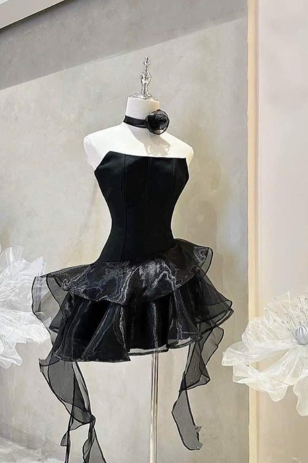 Ovlias Black Strapless Square Homecoming Dress Sheer Ruffle with Pleated CH0009