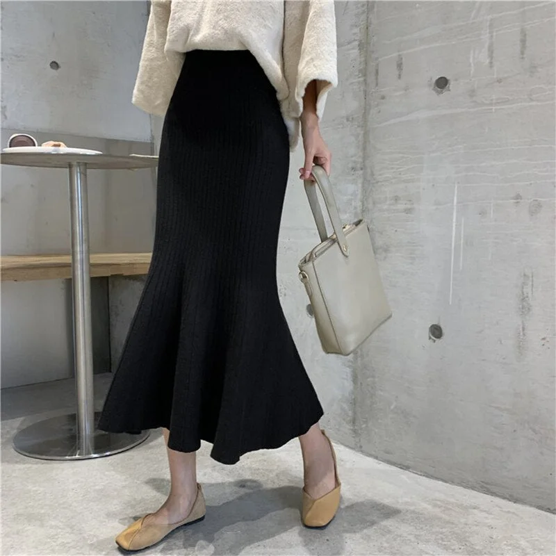 Winter Spring Knitted Mermaid Sweater Skirt Elastic High Waist Women Midi Skirt Solid Ruffle Party Skirts Female