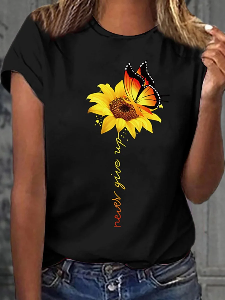 Casual Round Collar Butterfly Sun Flower Short Sleeve T-Shirt