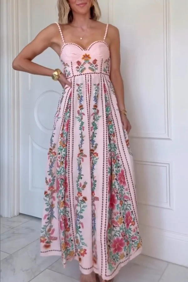 Linen Blend Delicate Forest Unique Print Sweetheart Neck Beaded Straps Maxi Dress
