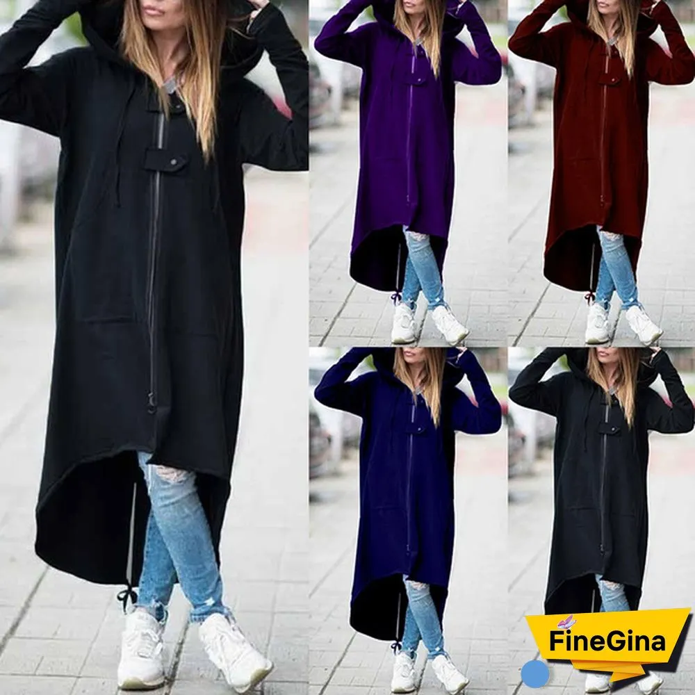 Women's Loose Hooded Sweater Zipper Long Coat Long Sleeve Hoodies Coats Casual Cardigans