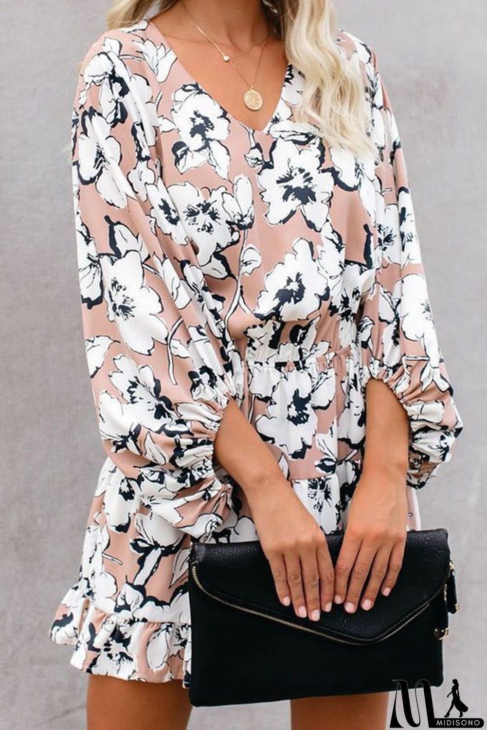 MidiSono - V Neck Lantern Sleeves Floral Tunic Dress