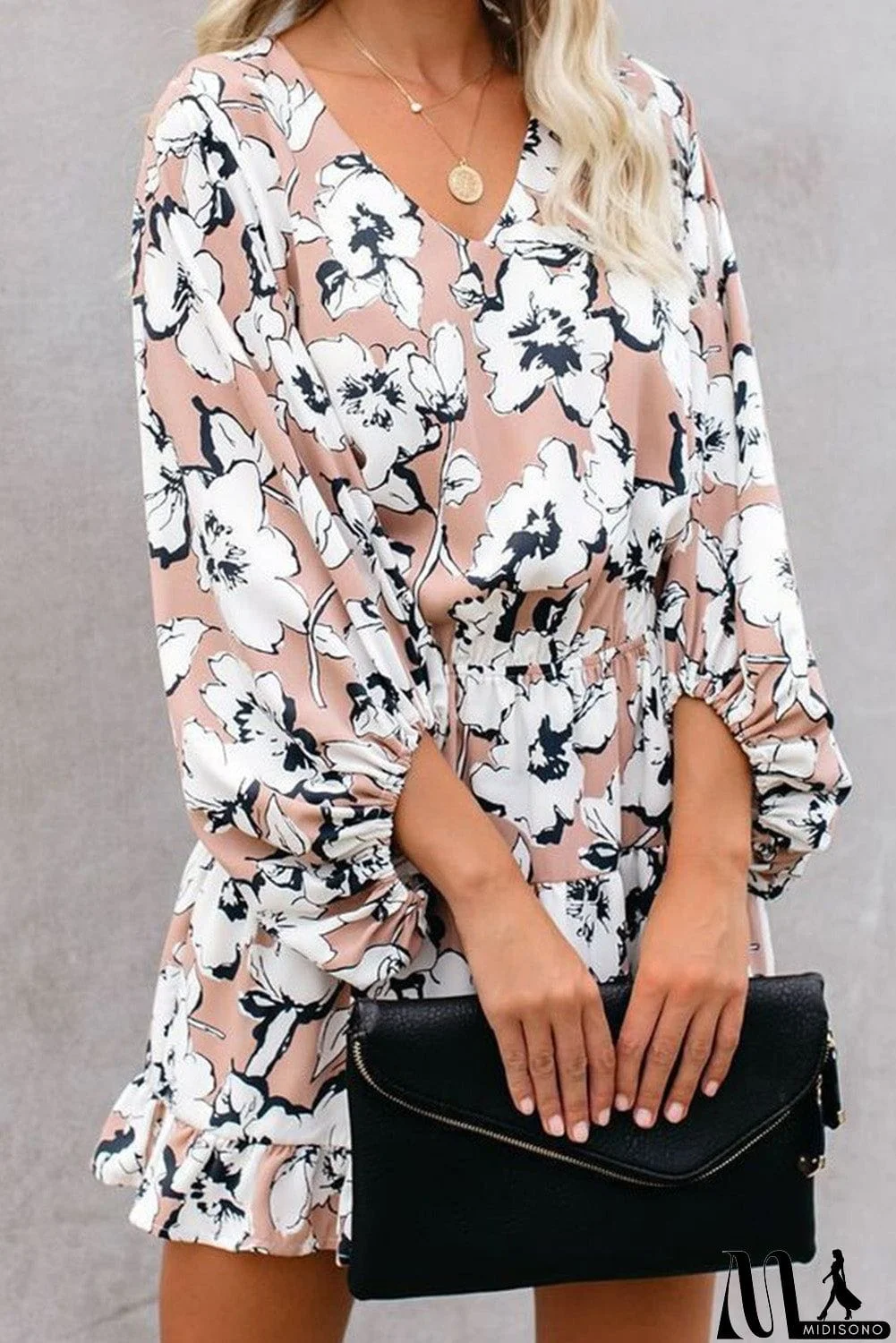 MidiSono - V Neck Lantern Sleeves Floral Tunic Dress