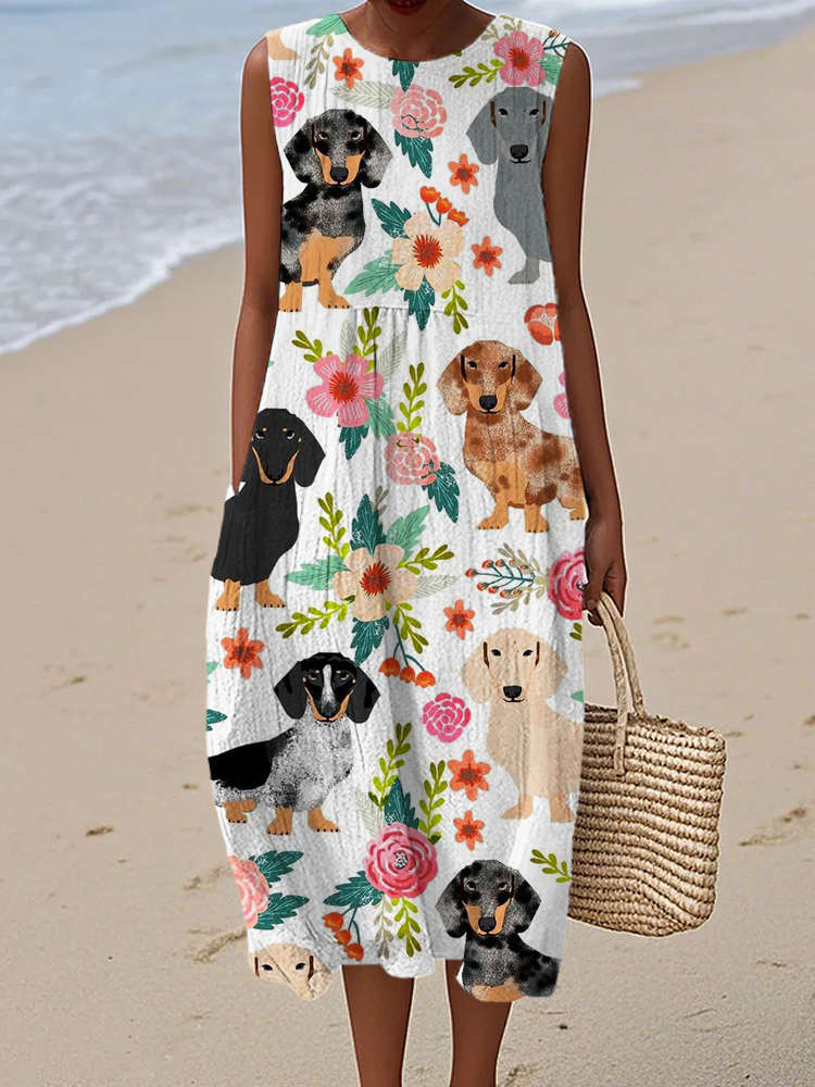 Watercolor Dachshund Floral Print Women's Linen Tank Dress wearshes