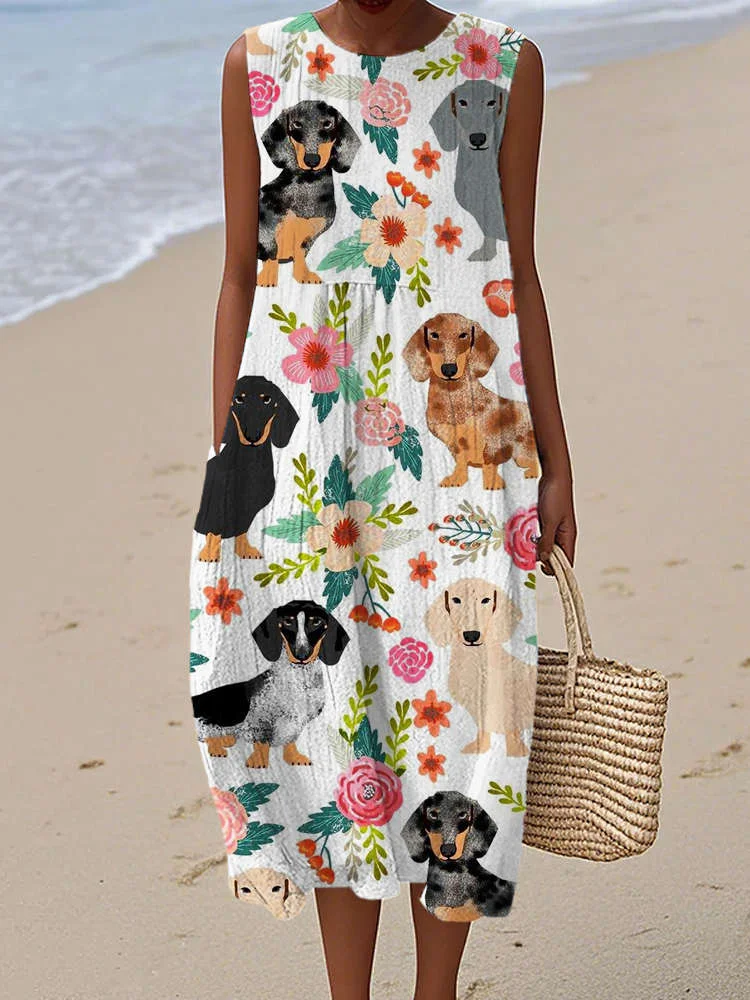 Watercolor Dachshund Floral Print Women's Linen Tank Dress
