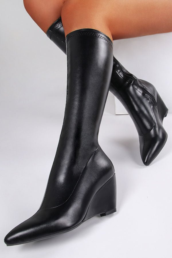 Black Pointed Toe Classic Zipper Wedges Boots