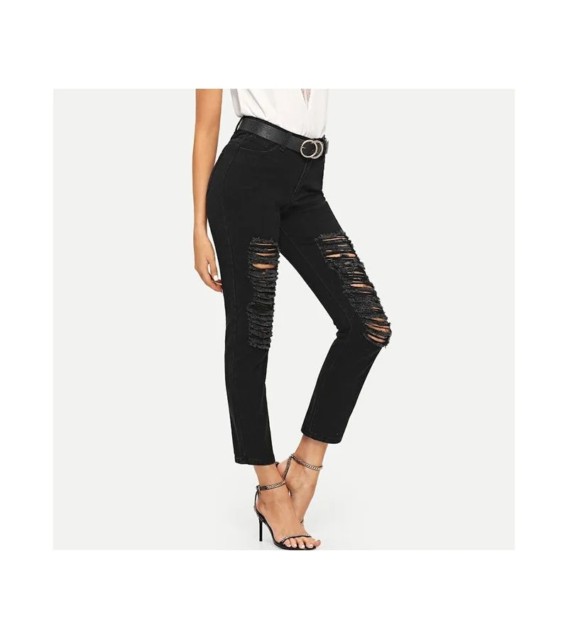 Women Dark Color Ripped Straight Jeans XS-XL