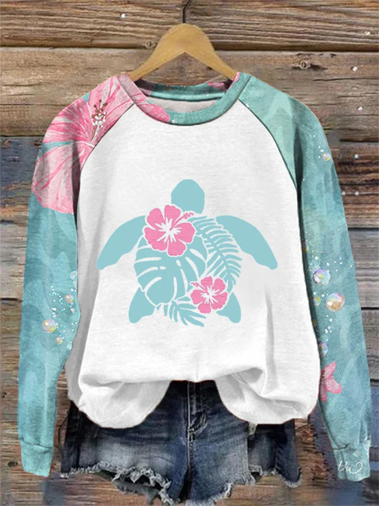 VChics Women's Maui Turtle Hibiscus Print Sweatshirt