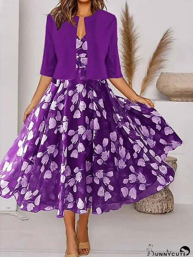 Women's Two Piece Dress Set Casual Dress Chiffon Dress Outdoor Daily Fashion Elegant Print Midi Dress V Neck Half