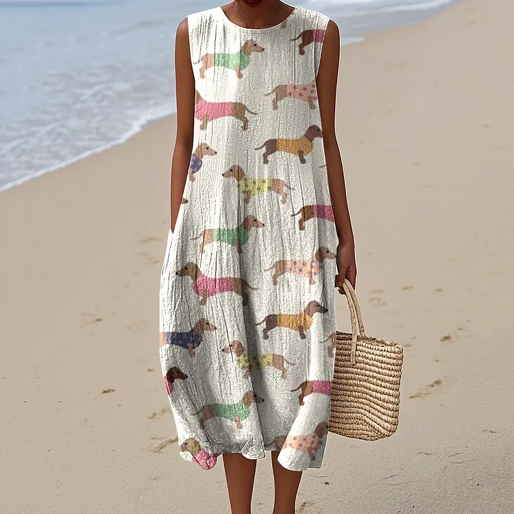 Women's Retro Cute Dachshund Art Print Sleeveless Dress