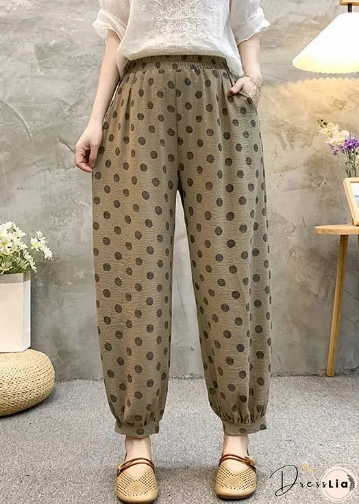 Khaki Dot Pockets Cotton Crop Pants Elastic Waist Summer