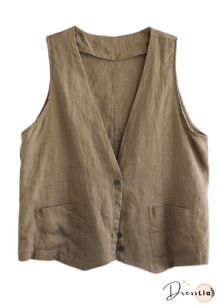 Plus Size Orange V Neck Pockets Linen Vest Tops Sleeveless