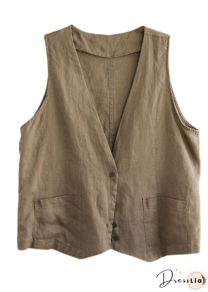 Plus Size Orange V Neck Pockets Linen Vest Tops Sleeveless