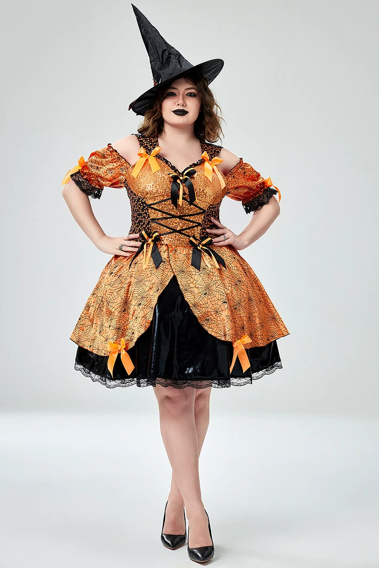 Xpluswear Design Plus Size Halloween Costume Orange Witch Cold