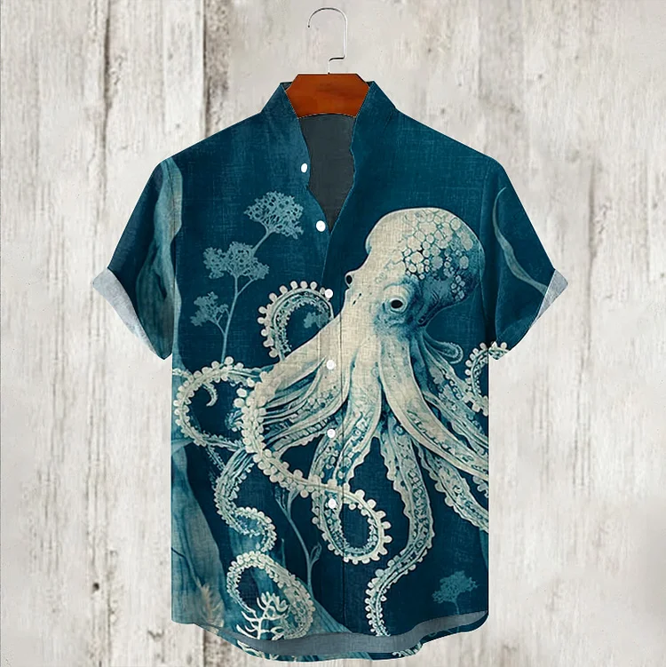 Men's Retro Octopus Inspire Print Casual Short Sleeve Shirt