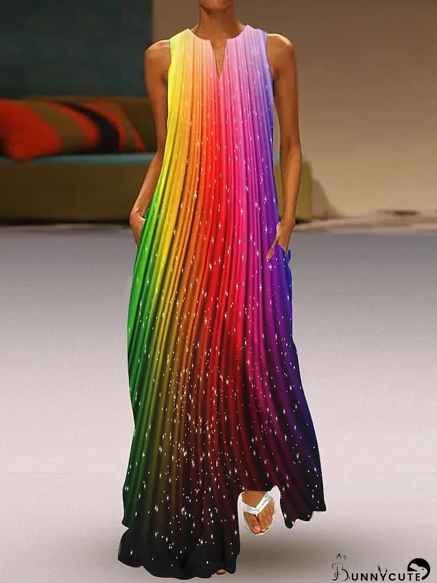 Casual Dress Shift Dress Swing Dress Long Dress Maxi Dress White Black Rainbow Sleeveless Flower Pocket Spring Summer V Neck Fashion Daily Vacation S M L XL for Women