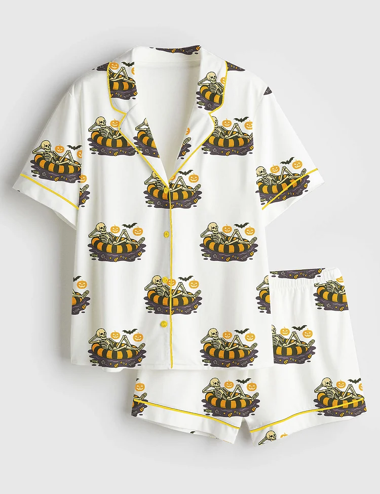 Women&rsquo;s Summerween Spooky Skeleton Summer Halloween Girly Summer Beach Vibes Print Short Sleeve Satin Pajama Set