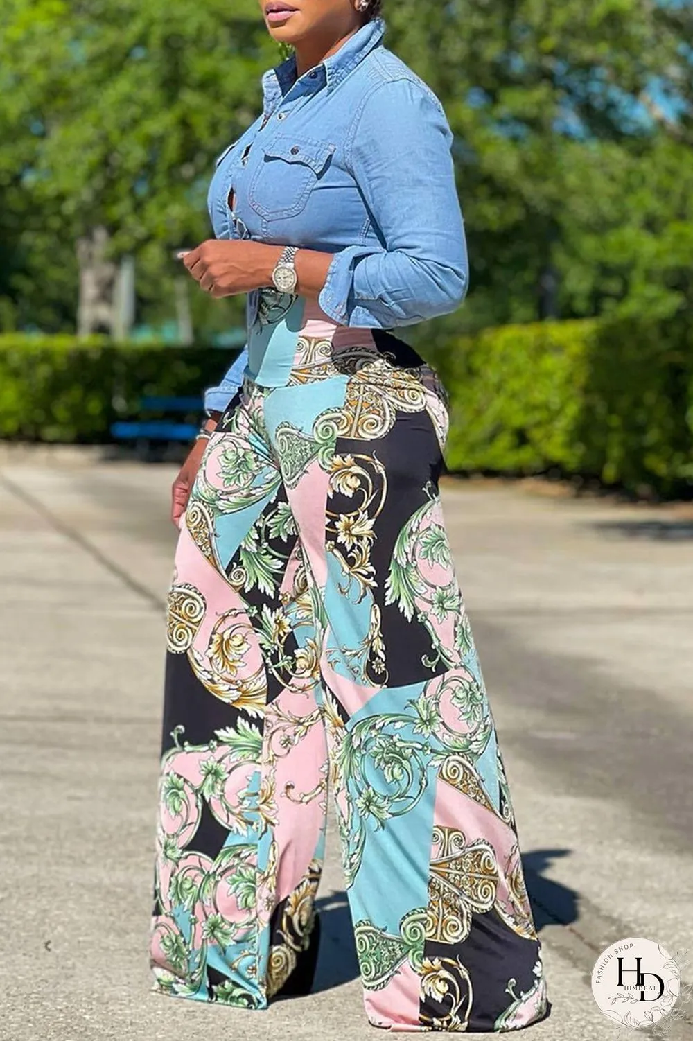 Blue Fashion Casual Print Basic Regular High Waist Trousers