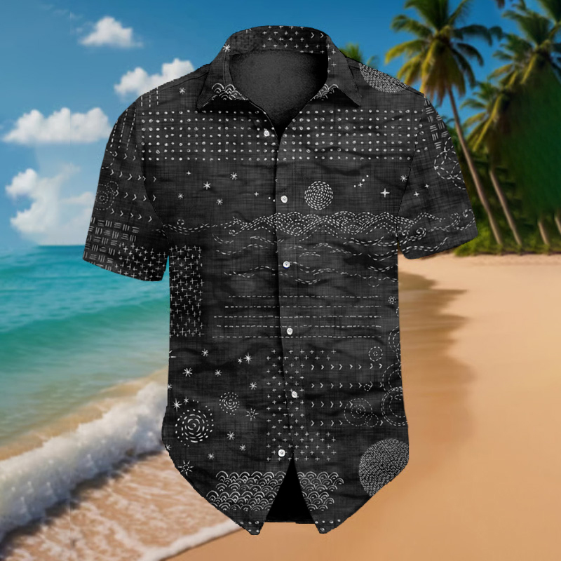 Men's Japanese Traditional Sashiko Art Beach Linen Shirt  artssus
