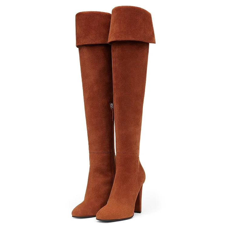 Tan Fold-over Vegan Suede Chunky Heel Over-the-Knee Boots |FSJ Shoes