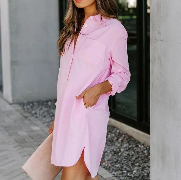 Lapel solid color shirt casual loose