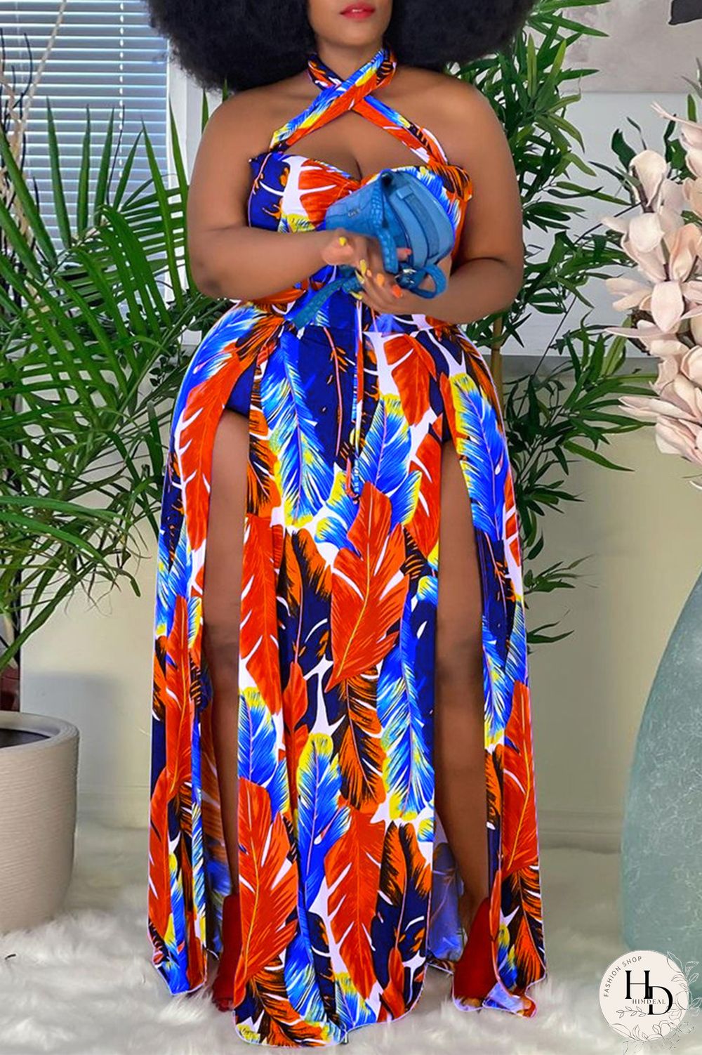 Yellow Fashion Sexy Plus Size Print Backless Slit Halter Sleeveless Dress