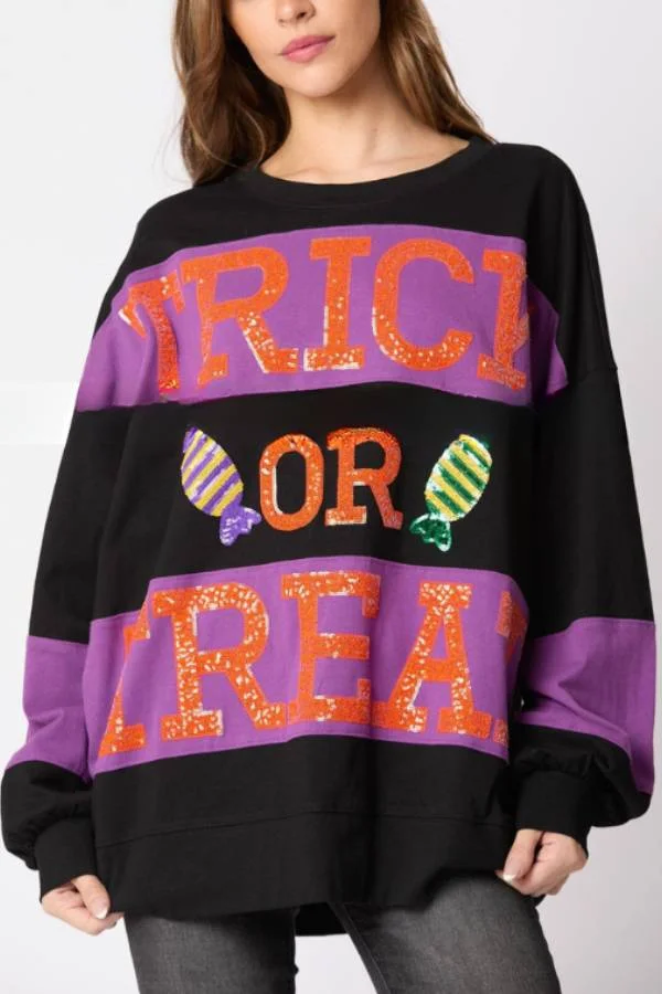 Halloween Letter Sequined Colorblock Sweatshirt Casual Top