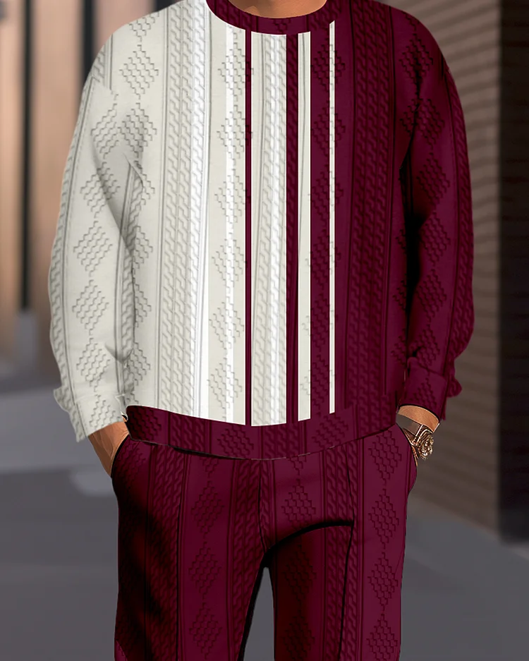 Men's Textured Jacquard Round Neck Casual Sports Set  006