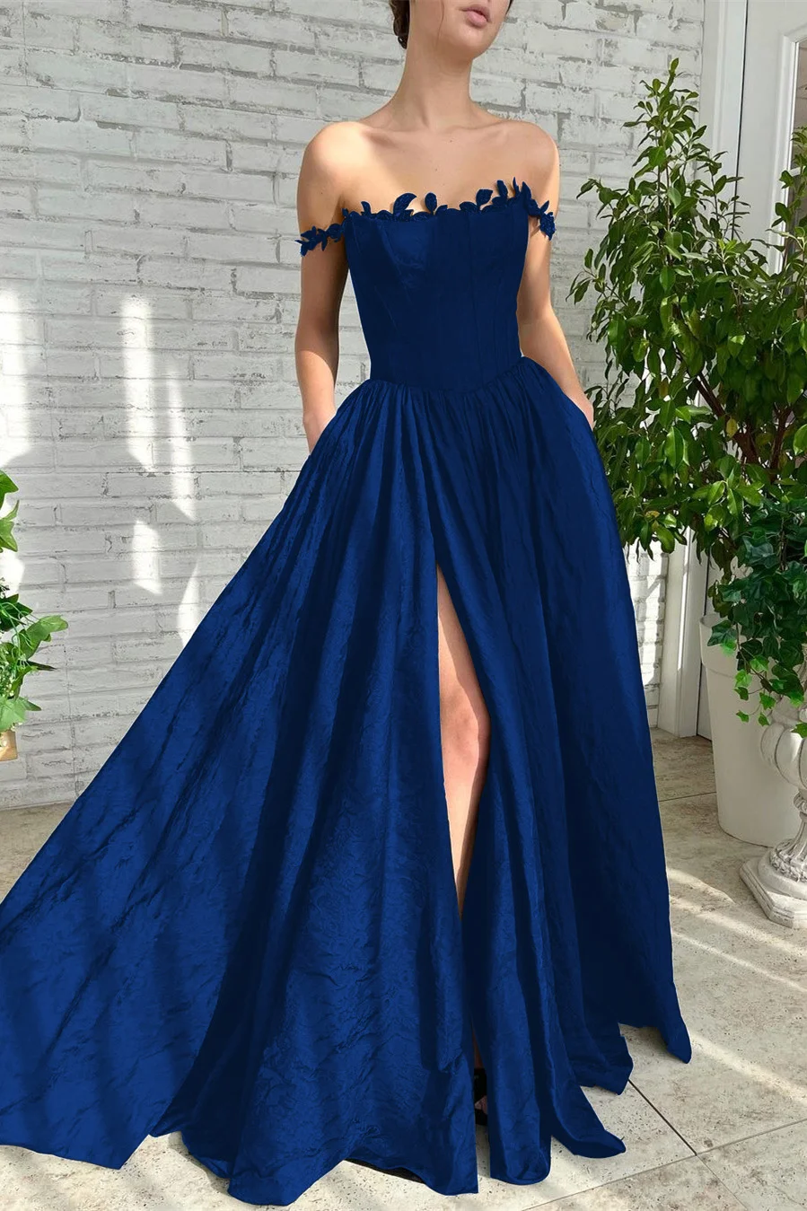Daisda Black A Line Off-The-Shoulder Evening Dress Sleeveless Lace Side Split 