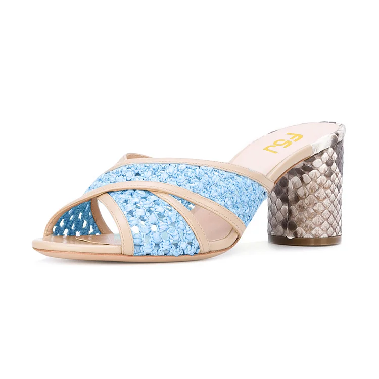 Light Blue Block Heel Sandals Python Knit Open Toe Mules |FSJ Shoes