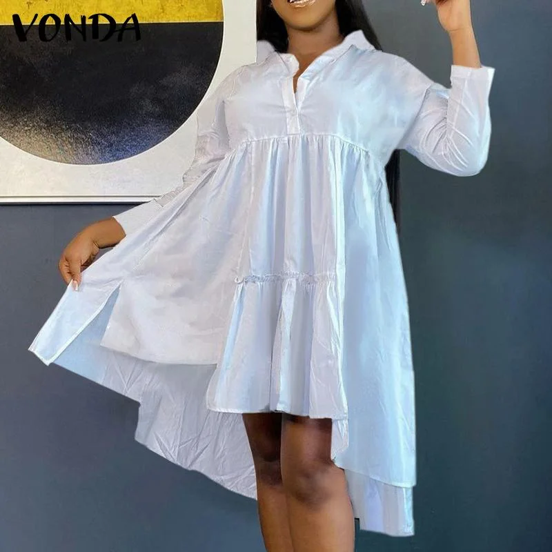 Autumn Dress VONDA 2022 Casual Lapel Collar Asymmetric Hem Solid Party Vestidos Women Long Sleeve Pleated Dresses Femme Robes