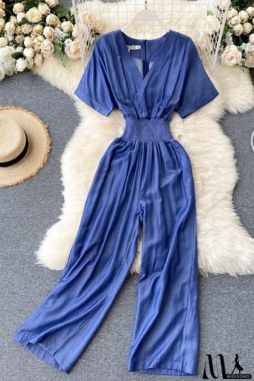 MidiSono - Elastic Waist  V Neck Denim Jumpusits