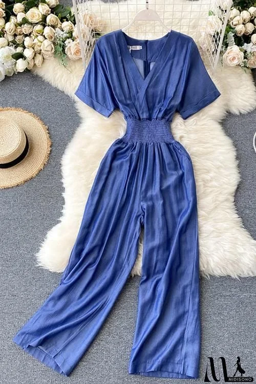 MidiSono - Elastic Waist  V Neck Denim Jumpusits