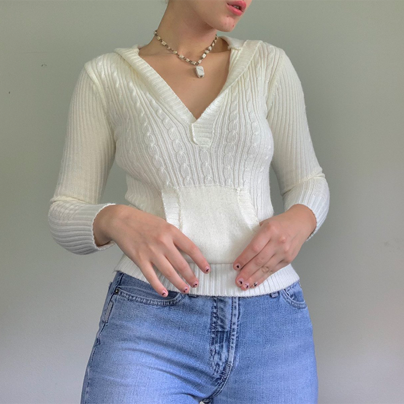 Rapcopter Solid y2k Sweaters Hooded Pockets Jumpers Vintage Long Sleeve Prepply Casual Basic Knitwear Harajuku Retro Women Cloth