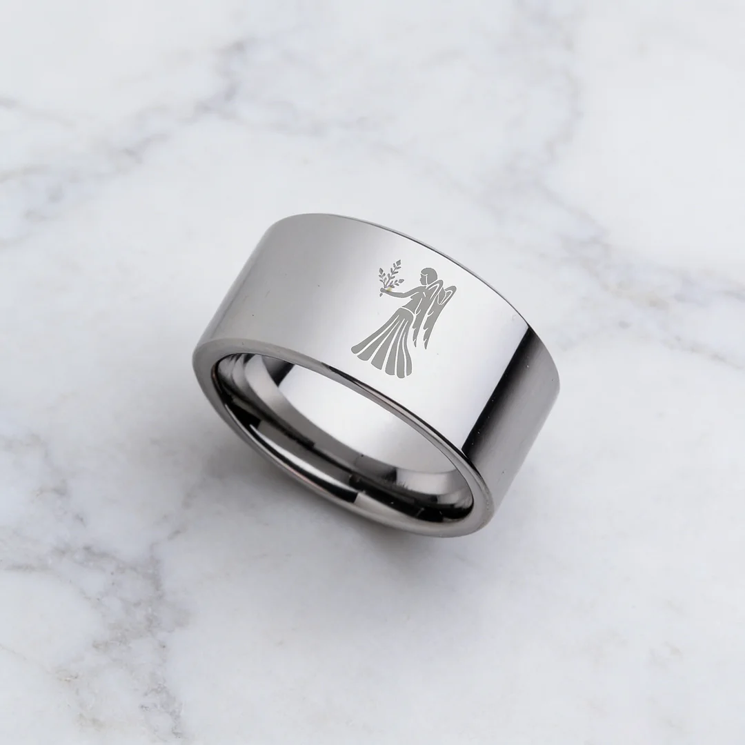 4MM 6MM 8MM 10MM Width Silver Flat Tungsten Wedding Bands Zodiac Virgo Laser Couple Tungsten Carbide Rings