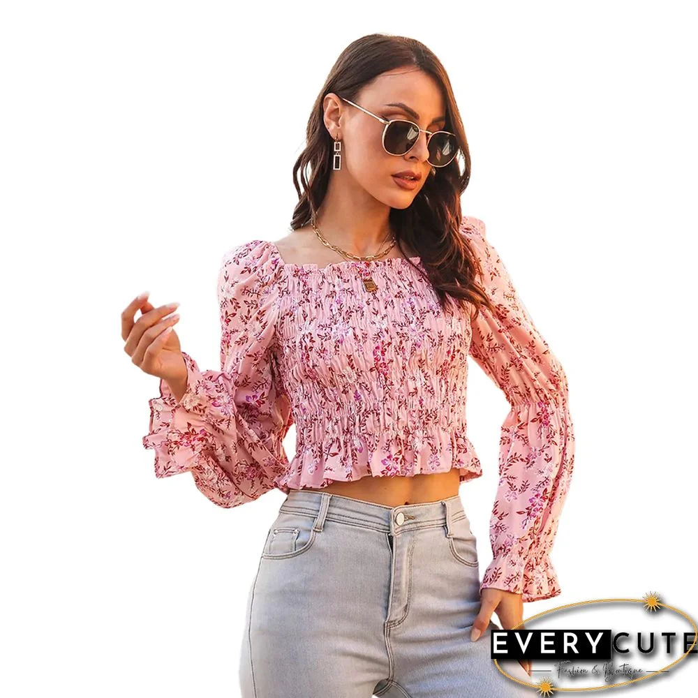 Pink Ruffle Detail Off Shoulder Long Sleeve Top