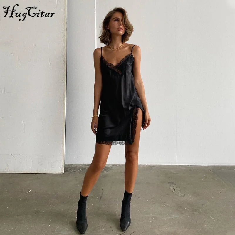 Hugcitar 2021 Sleeveless Lace Patchwork V-Neck Sexy Mini Slip Slit Dress Summer Women Streetwear Outfits Sleep Wear