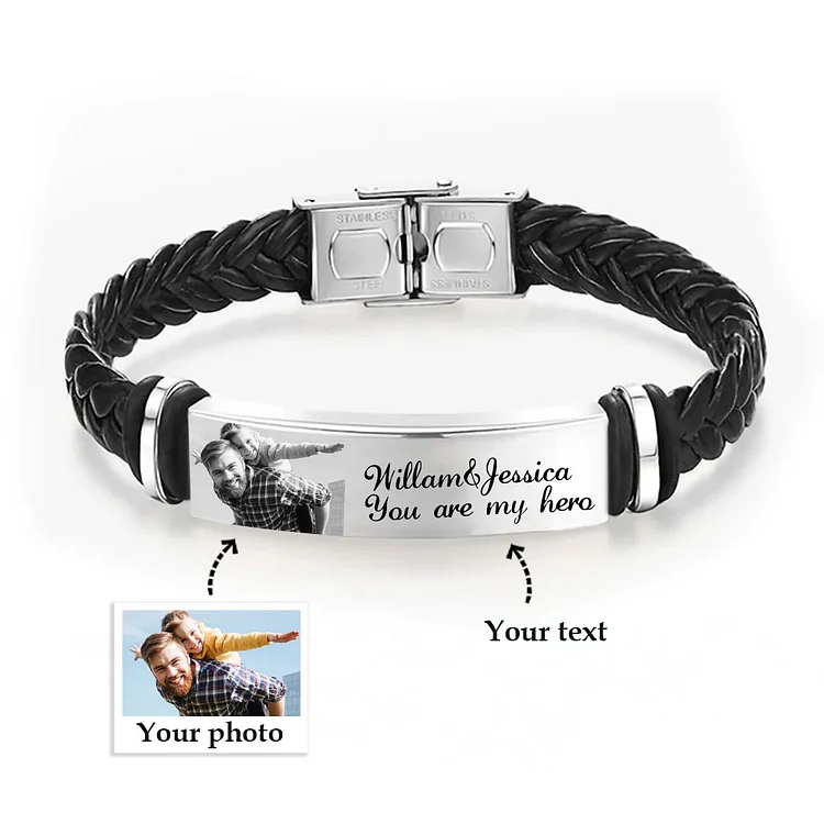 Personalized Braided Leather Bracelet Engraved Photo Men's Bracelet for Him