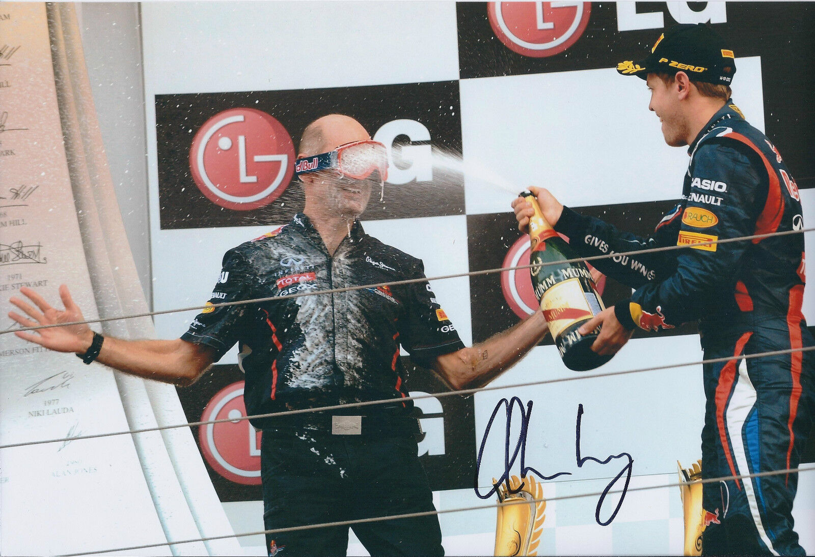 Adrian NEWEY SIGNED Champagne Spray PODIUM 12x8 Photo Poster painting AFTAL Autograph COA