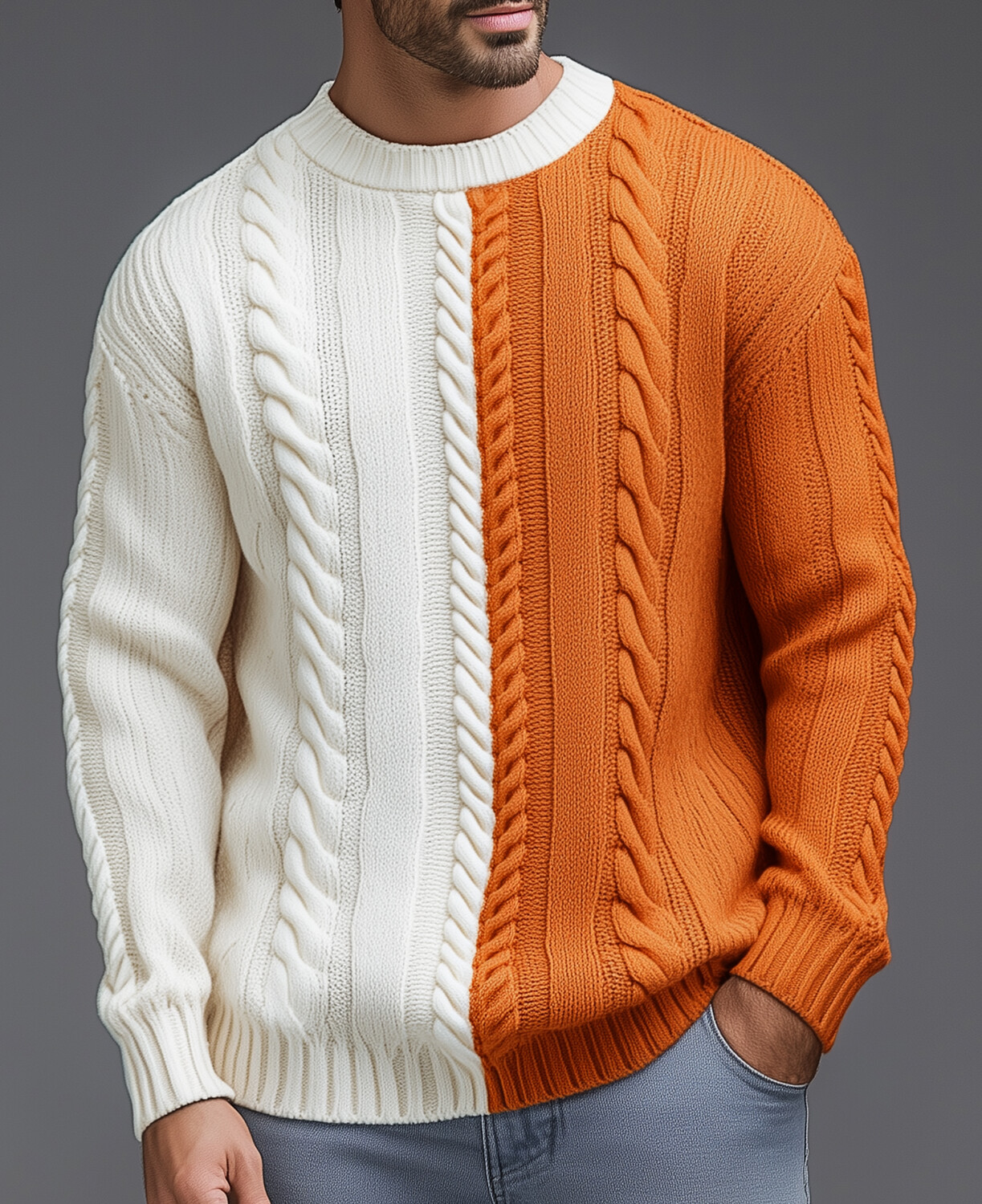 Okaywear Contrast Color Long Sleeve Cable Knit Sweater