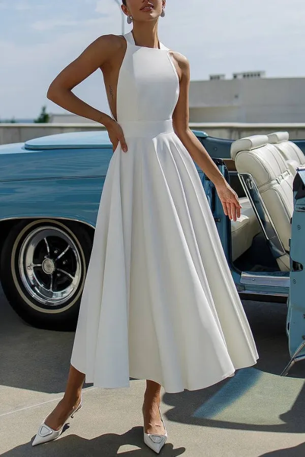 Solid Color Halter Neck Bow Tie Elegant Waist-cinching Midi Dress