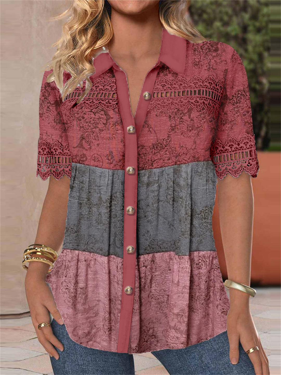 Women Long Sleeve V-neck Graphic Floral Printed Top