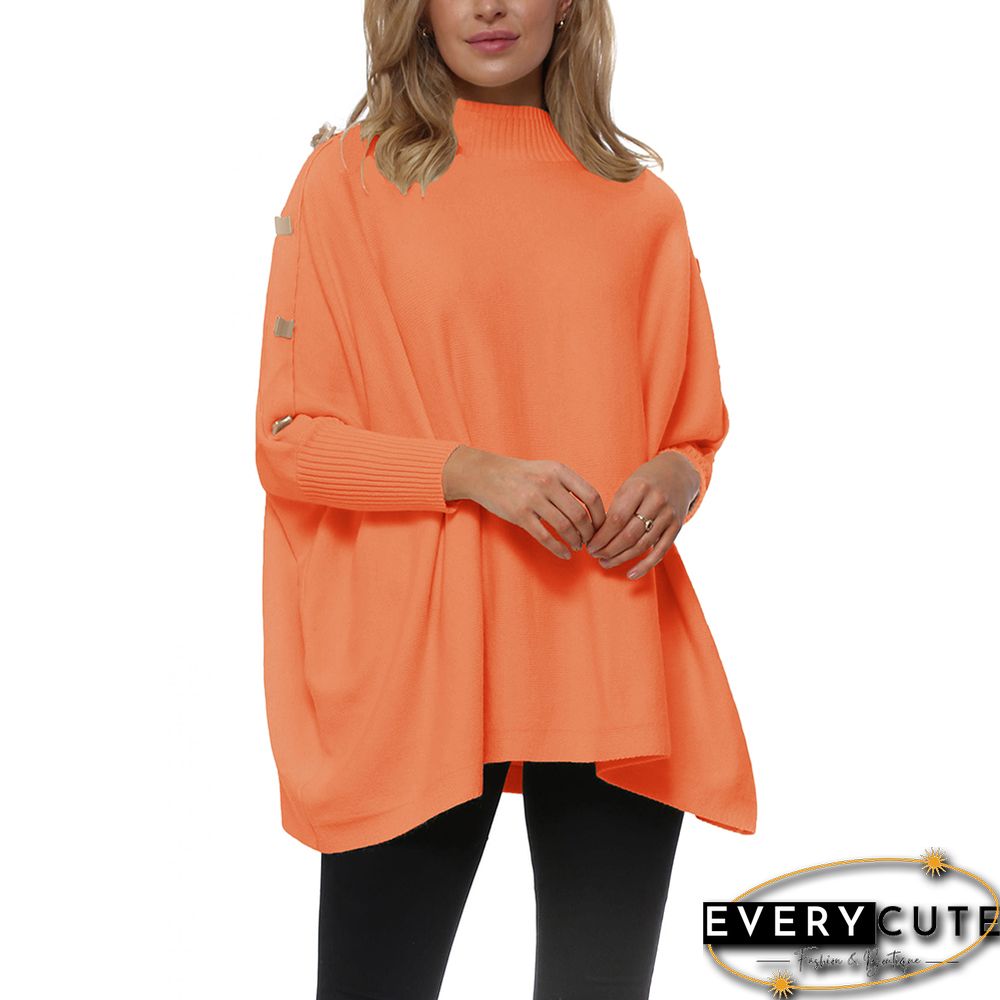Orange Bat Sleeve Button Shoulder High Collar Sweater