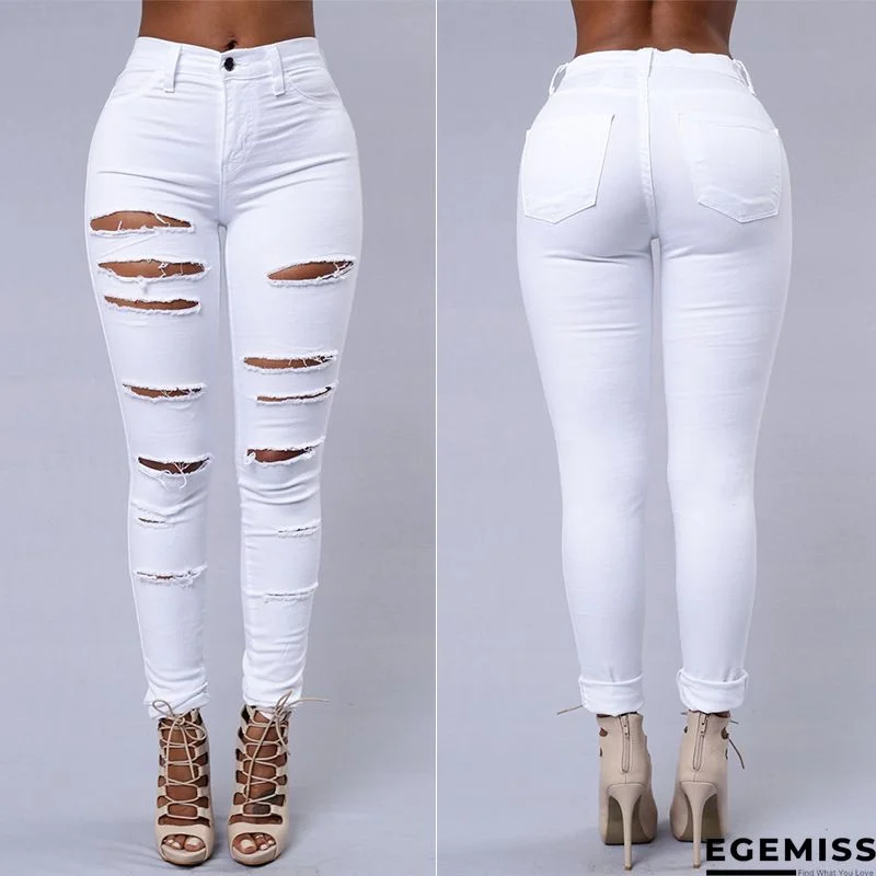 White Fashion Casual Solid Ripped High Waist Skinny Denim Jeans | EGEMISS