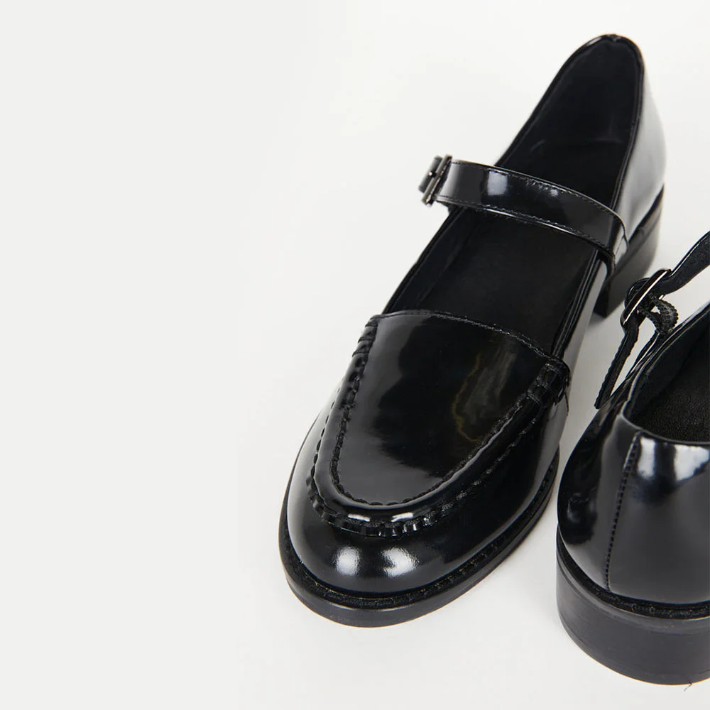 Black Patent Leather Round Toe Mary Jane Shoes Heels with Buckle