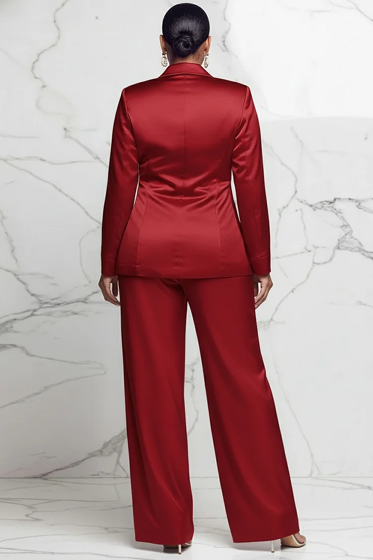 Xpluswear Design Plus Size Formal Red Turndown Collar Long Sleeve 3D Elegant Satin Two Piece Pant Suits [Pre-Order]