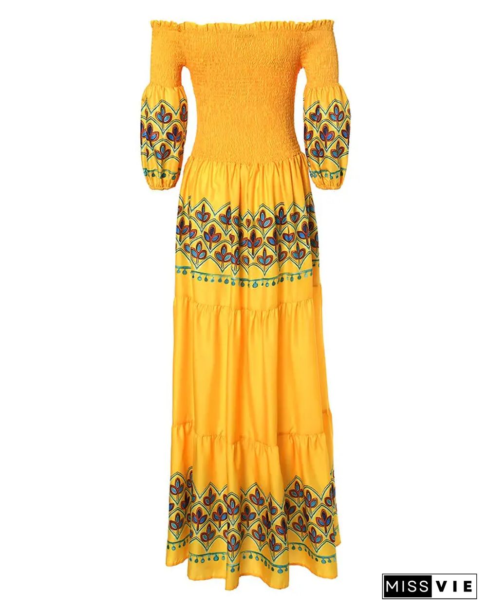 Off Shoulder Lantern Sleeve Shirred Floral Print Dress